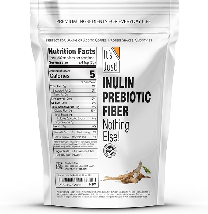 It's Just! - Inulin Prebiotic Fiber Water Soluble Chicory Root Powder Promotes Gut Health Made in USA Product of Belgium Vegan/Keto Friendly