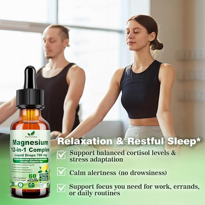 2 Pack 12-in-1 Magnesium Complex Liquid Drops Chelated Magnesium Citrate Glycinate Taurate Malate Aspartate w. Ashwagandha Theanine D3 &amp Zinc for Relaxation Sleep Immune Health &amp Muscle Funct