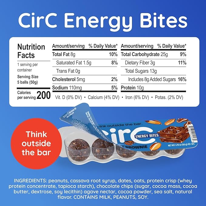 CirC Energy Bites - 12 Pack Chocolate Brownie Gluten Free Protein Balls - 10g Protein Whole Grains Nuts &amp Fruit - Portable Healthy Snacks for Adults &amp Kids 5 Piece Resealable Packs