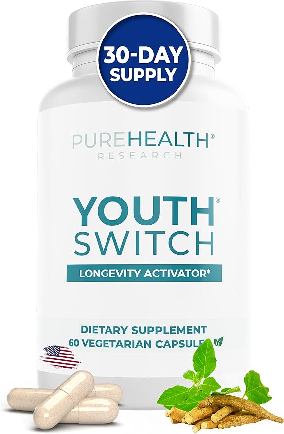 PUREHEALTH RESEARCH Youth Switch - Anti Aging Supplement with Ashwagandha Extract 600 mg KSM-66 - Longevity Activator - Telomere Supplements - Disrupt &amp Reverse Aging 1 Bottle - 60 Capsules