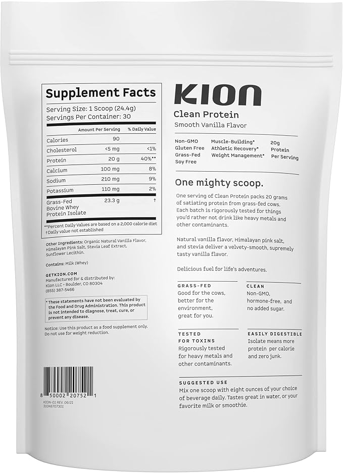 Kion Clean Protein | Grass-Fed &amp Pasture-Raised Whey Isolate Protein Powder | Smooth Vanilla | 30 Servings