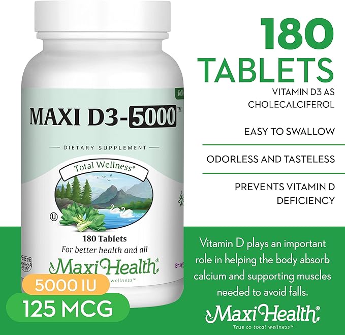 Vitamin D3 5000 IU (125 mcg) - High Dose Vitamin D 5000 IU for Healthy Bones Teeth Immune Support - Kosher Non GMO - High Potency Vit D3 - Pure Vitamin D Supplements for Women and Men - 180 Tablets