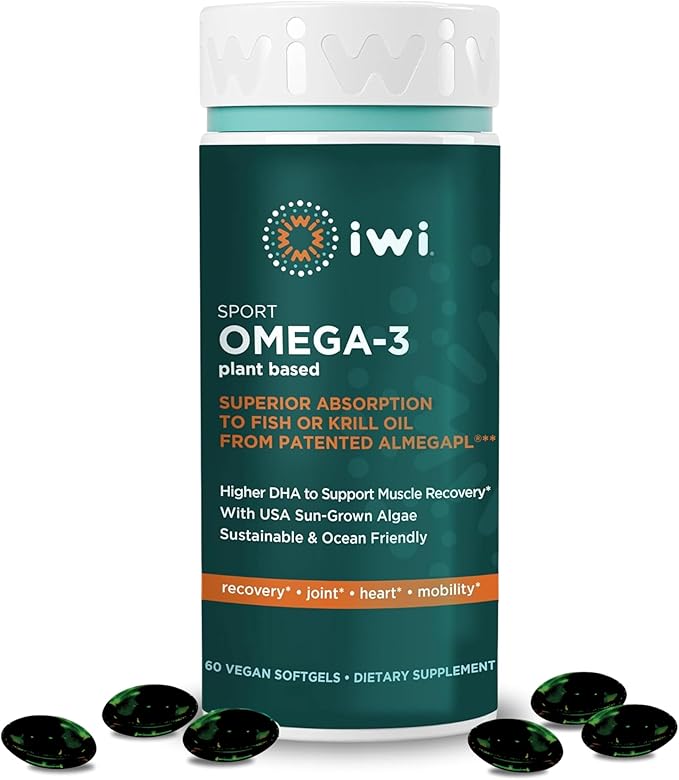 Iwi Omega-3 Sport 60 Softgels (30 Servings) Plant-Based Vegan Algae Omega 3 with DHA Exercise Recovery Support Dietary Supplement Krill &amp Fish Oil Alternative No Fishy Aftertaste
