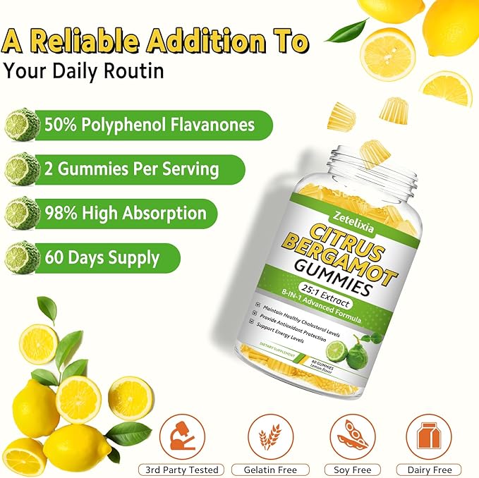 2 Pack Citrus Bergamot Gummies Citrus Bergamot Supplement for High Cholesterol Cholesterol Lowering Supplement for Heart Immune System &amp Healthy Aging Support Sugar Free Lemon Flavor 120 Cts