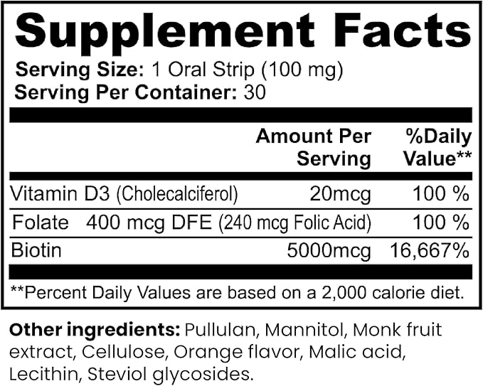 Biotin Oral Dissolving Strips 5000mcg – Fast Absorbing Sublingual Vitamin B7 – Vegan Gluten Free Sugar Free – Supports Hair Skin &amp Nails – Orange Flavor – 30 Strips