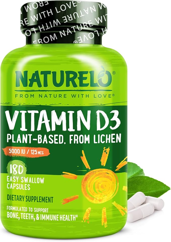 NATURELO Vitamin D - 5000 IU - Plant Based from Lichen - Natural D3 Supplement for Immune System Bone Support Joint Health - High Potency - Vegan - Non-GMO - Gluten Free - 180 Capsules
