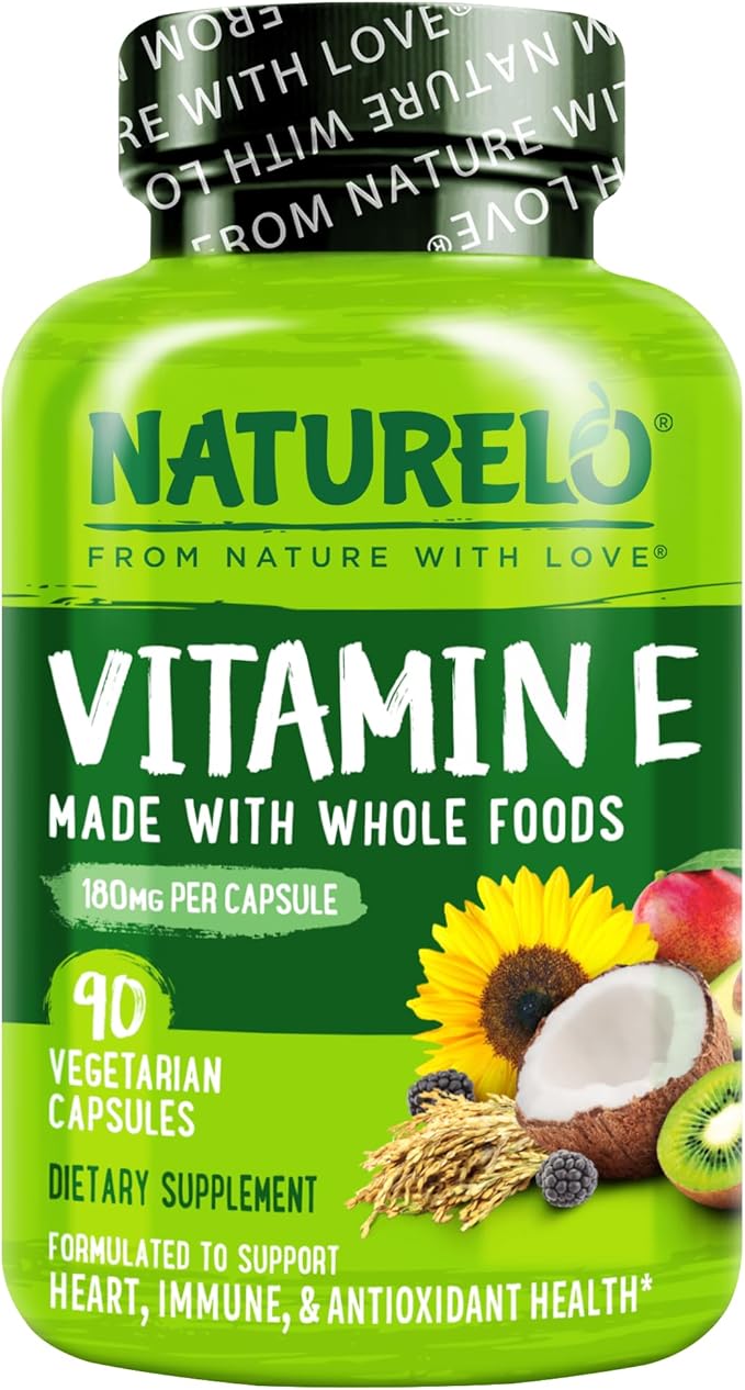 NATURELO Vitamin E Capsules 180 mg - 90 Vegan Capsules | Supports Skin Hair and Nails | Immune and Eye Health | Natural Mixed Tocopherols &amp Whole Foods | Non-GMO Dry Vitamin E