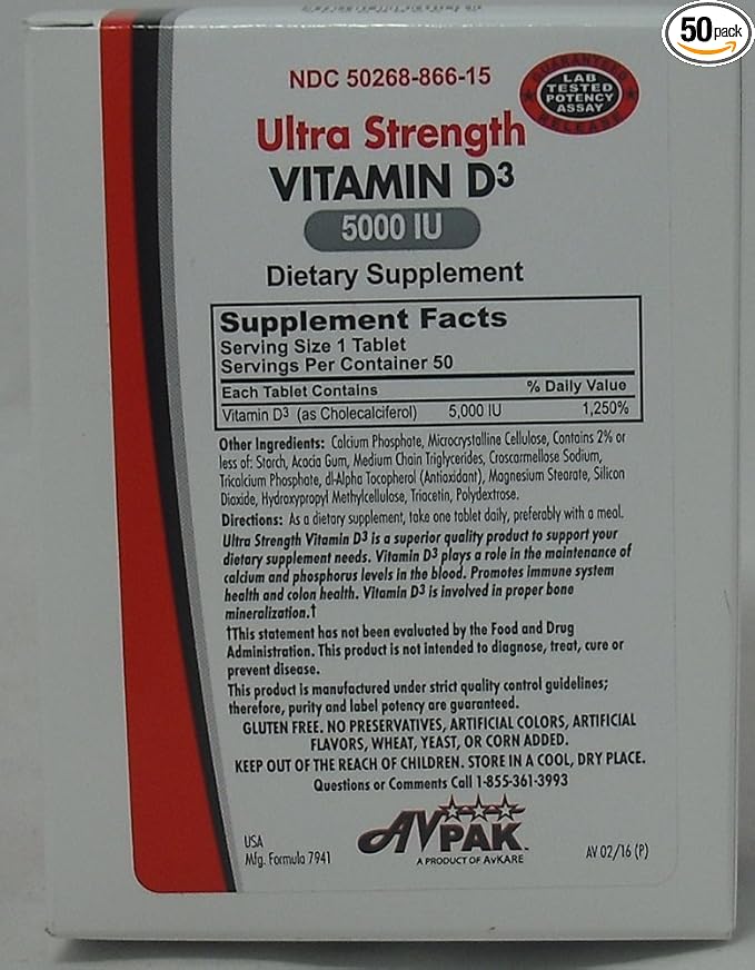 Avpak Vitamin D3 Tablets 5000IU 50 Count
