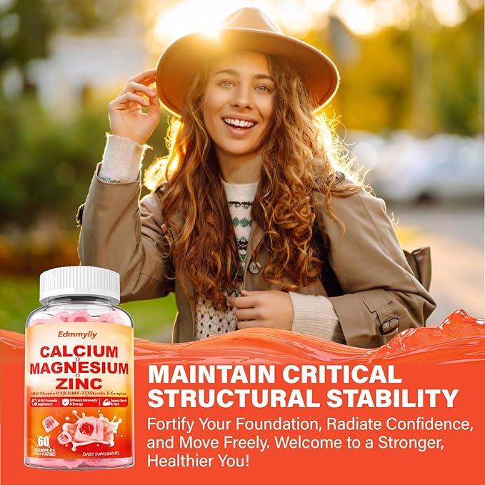 Calcium Magnesium Zinc Supplement Gummies with Vitamin D3 K2 &amp B Complex for Women Men 1000mg Calcium Citrate with Magnesium Gummies for Bone Muscles &amp Immune Support Sugar Free Vegan