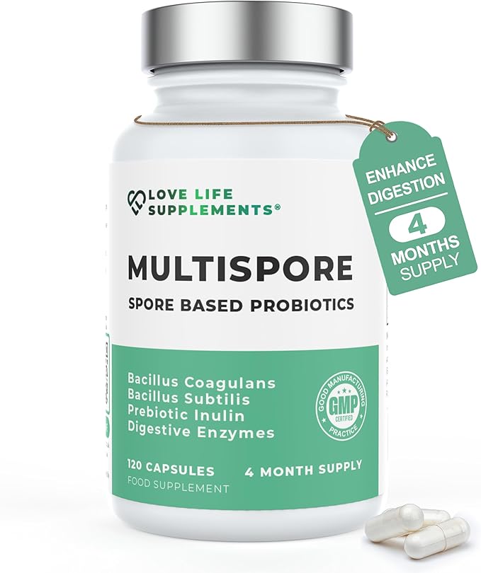 MultiSpore® Plus (Bacillus Coagulans &amp Bacillus Subtilis) Spore Based Probiotic | 120 Capsules - 4 Month Supply | Bloating Relief/Gut Health | Includes Digestive Enzymes &amp Prebiotic Inulin | U