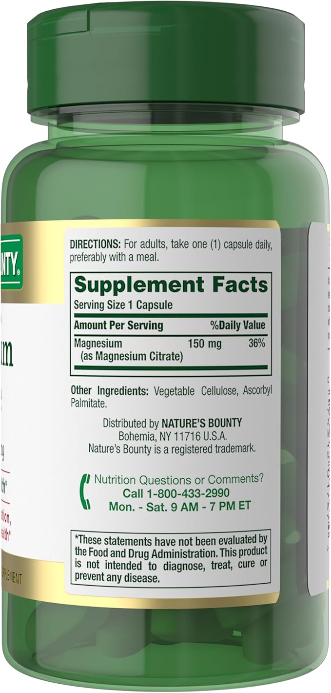 Nature’s Bounty Magnesium Citrate High Absorption Magnesium Supplement for Whole Body Health with 150 mg Magnesium Vegetarian Gluten Free 90 Capsules (Pack of 3)