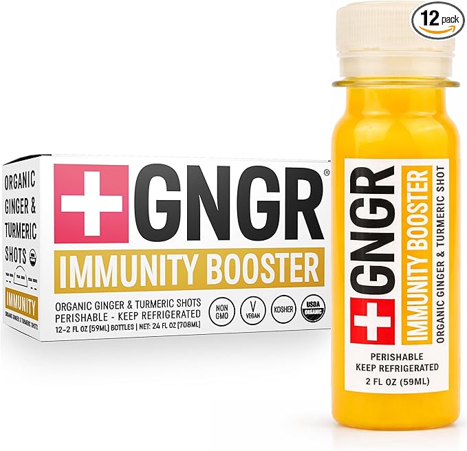 +GNGR Immunity Booster – Organic Cold-Pressed Ginger &amp Turmeric Shots with Orange Lemon &amp Cayenne. High-Absorption Curcumin. Ginger Shot for Immune &amp Digestive Support. 2 fl oz Bottles (1