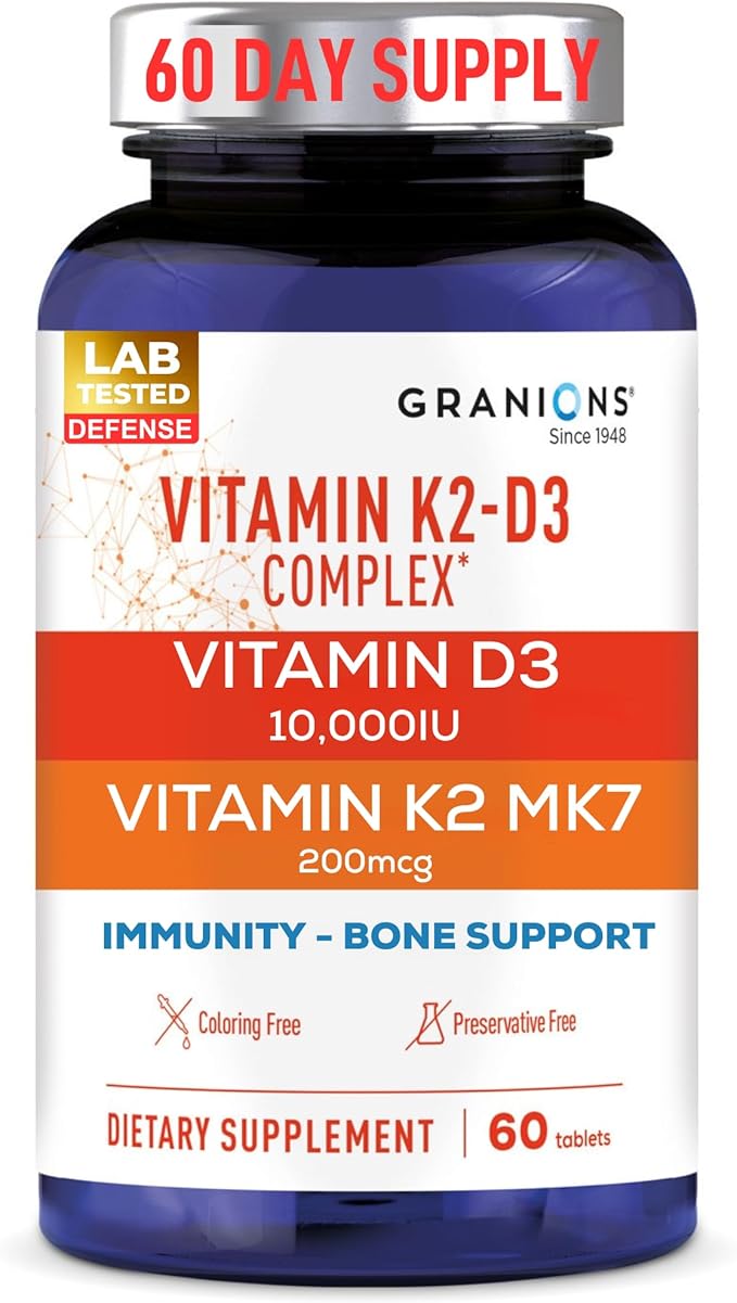 Max Strength D3 K2 Vitamin 10000IU MK7 Complex - 250mcg MK-7 Vitamin K2 D3 Supplement - Coloring Preservative Free Immune Support Bone Health Supplements VIT D K - 2 Month 60 One-a-Day Tablets