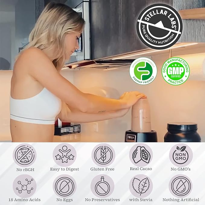 Stellar Labs Whey Protein Powder with BCAA's &amp Whey Isolate | Certified Low FODMAP Non GMO Gluten Free Low Carb Keto with Stevia | All Natural Lean Post Workout Shakes | Chocolate