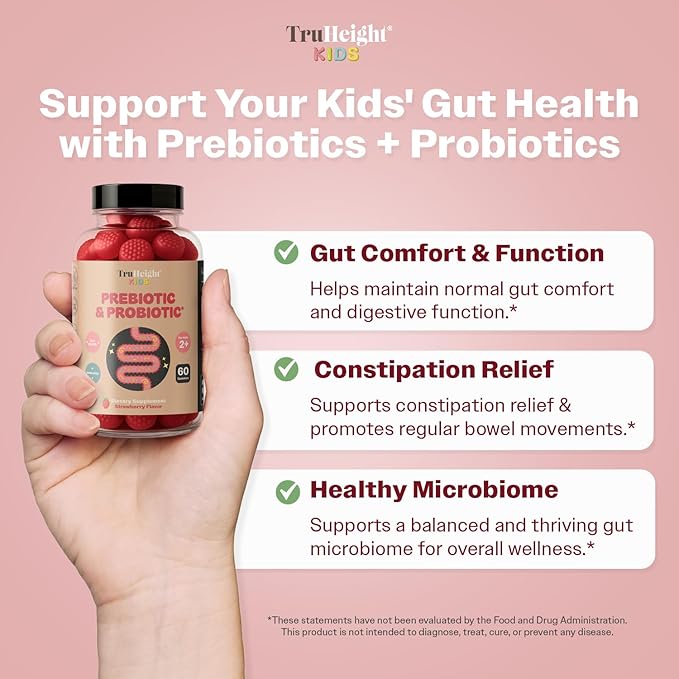TruHeight Kids Prebiotic &amp Probiotic Gummies Ages 2+ (Strawberry Flavor) Toddlers &amp Kids All Natural Gut Health Digestive Enzymes Stomache Ache Constipation Relief Supplement - Pediatric Vi