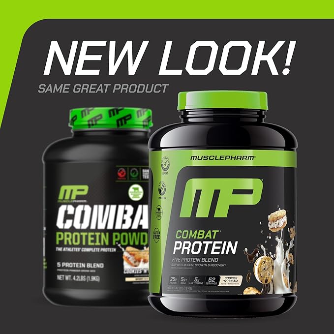 MusclePharm Combat Protein Powder Cookies ‘N’ Cream Flavor Fuels Muscles for Productive Workouts 5 Protein Sources including Whey Protein Isolate &amp Egg Albumin Gluten Free 4 lb 52 Servings