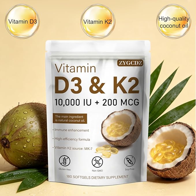 Vitamin D3 10000 IU with K2 MK-7 200 mcg Softgels 180 Count | Supports Bone Heart &amp Immune Health | Enhanced Absorption with Organic Coconut Oil Non-GMO Easy to Swallow Supplement (01)