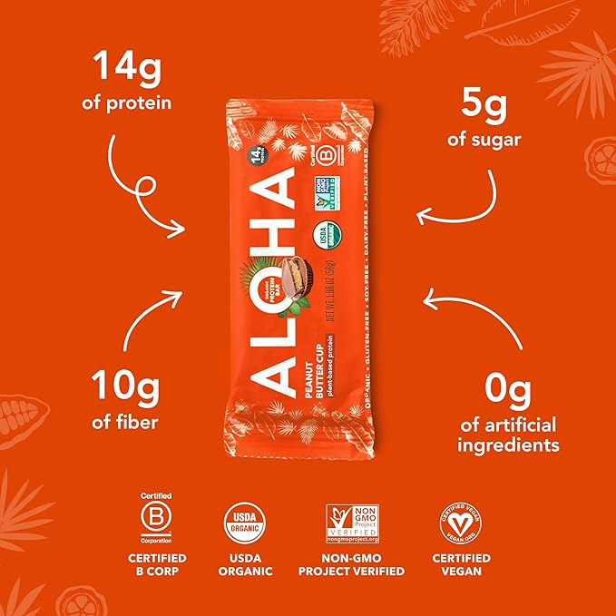 ALOHA Organic Plant Based Protein Bars - Peanut Butter Cup Bar - 12 Bars Vegan Low Sugar Gluten-Free Low Carb Non-GMO No Stevia No Erythritol