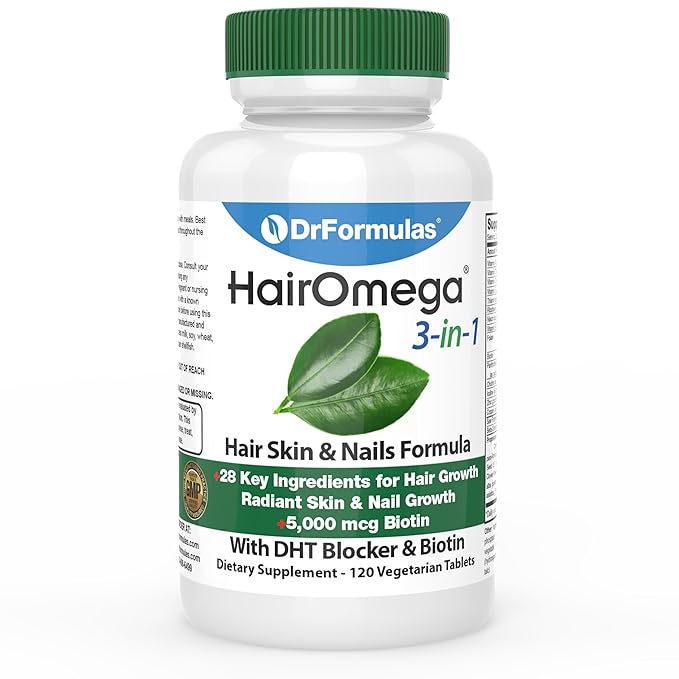 DrFormulas HairOmega 3-in-1 Hair Growth Vitamins with DHT Blocker Biotin for Women &amp Men | Hair Skin and Nails Supplement for Hair Loss 120 Pills