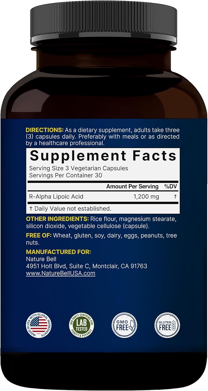 NatureBell R-Alpha Lipoic Acid - 90 Capsules - Delivers 1200mg R-ALA Per Serving - Antioxidant &amp Cellular Energy Support* - Stabilized R-Isomer ALA - Non-GMO &amp Gluten-Free
