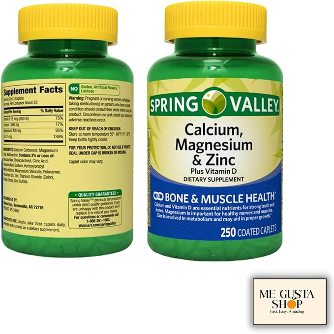 Spring Valley Calcium Magnesium &amp Zinc Plus Vitamin D3 Coated Caplets 250 Count (Pack of 2) 500count Total + me Gusta Sticker