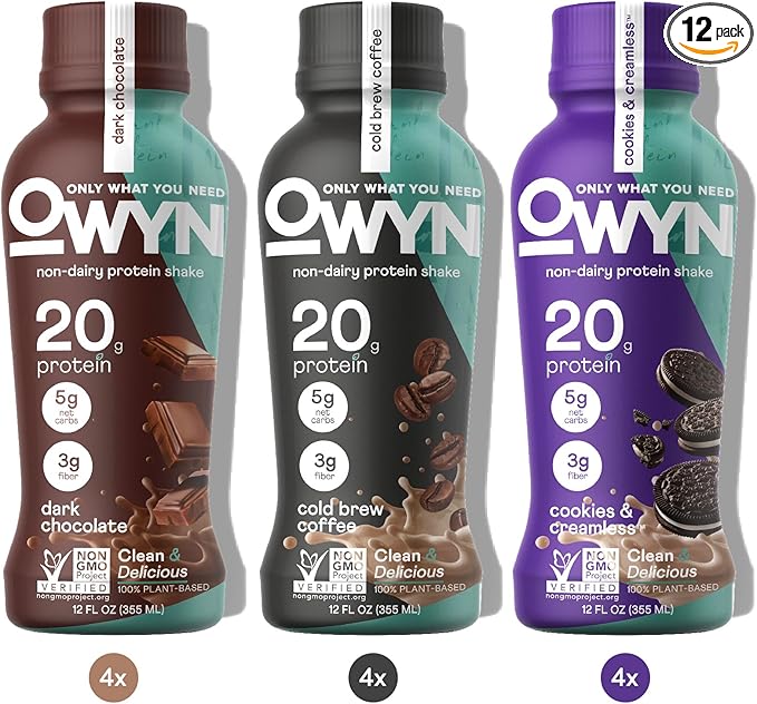 OWYN Only What You Need Protein Shake Variety Pack Dark Chocolate Cold Brew Coffee Cookies and Creamless 20g Protein 4g Sugar 3g Fiber Dairy Free Plant Based Protein Drink 12 CT