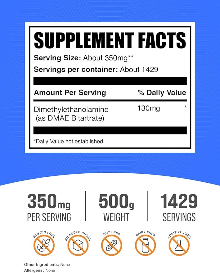 BulkSupplements.com DMAE Bitartrate Powder - Dimethylaminoethanol Bitartrate DMAE Supplement - Unflavored &amp Gluten Free 350mg per Serving 500g (1.1 lbs) (Pack of 1)