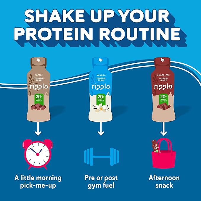Ripple Plant Based Protein Shake Variety Pack | 20g of Quality Sourced Pea Protein Calcium Rich | Shelf Stable | Vegan &amp Non GMO | Dairy Soy Nut &amp Gluten Free | 12 Fl Oz Bottles (Pack of 1