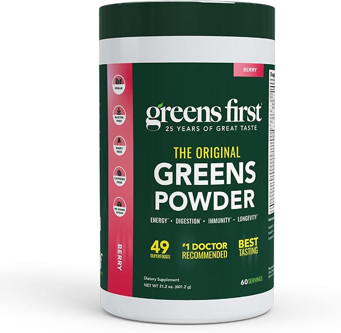 Greens First Original Greens Powder - 49 Superfoods - Organic Fruits &amp Veggies - Prebiotics Probiotics &amp Digestive Enzymes - Antioxidant Smoothie - Dairy Free Vegan &amp Non-GMO (Berry 60