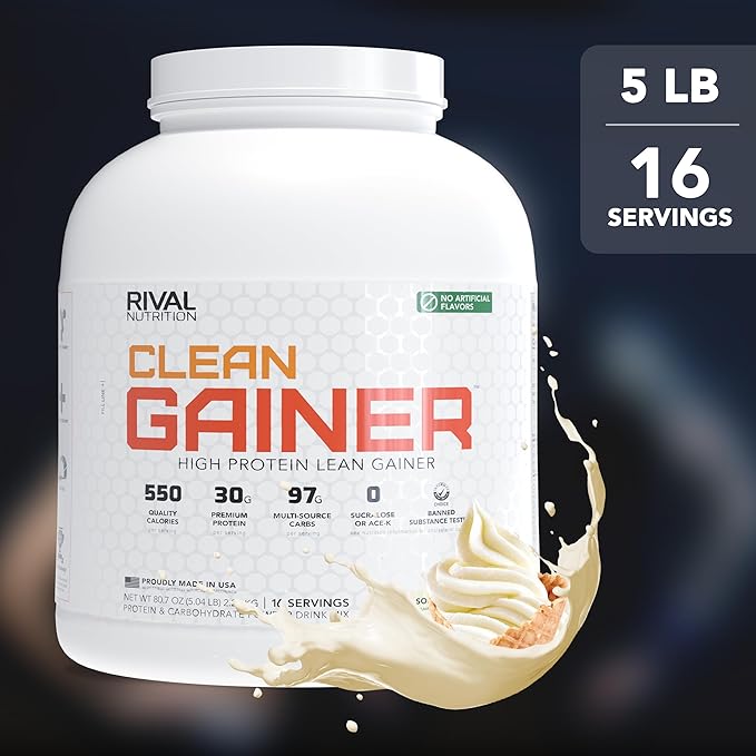 RIVAL NUTRITION Clean Gainer Protein Powder – 5LB Soft Serve Vanilla – High Protein Lean Mass &amp Weight Gainer | 550 Calories 30g Protein 97g Multi-Source Carbs No Artificial Flavor – 16 Serving