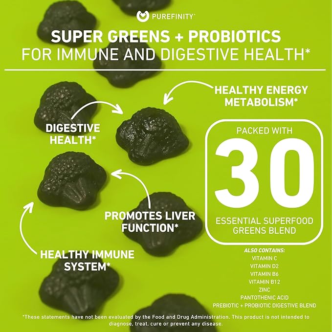 PUREFINITY Fiber + Super Greens Gummies Bundle (Inulin FOS Prebiotic Fiber Gummies + Super Greens Gummies – Daily Supergreens with Spirulina Alfalfa Spinach Broccoli Beet Root Acai)