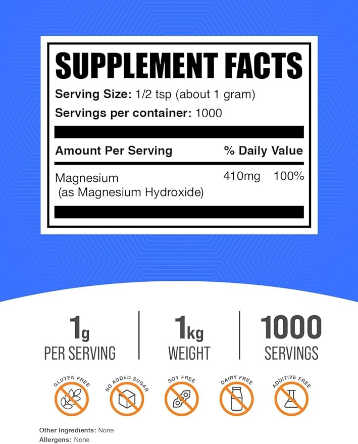 BulkSupplements.com Magnesium Hydroxide Powder - Magnesium Hydroxide Supplement - Food Grade &amp Gluten Free 1g per Serving 1kg (2.2 lbs) (Pack of 1)