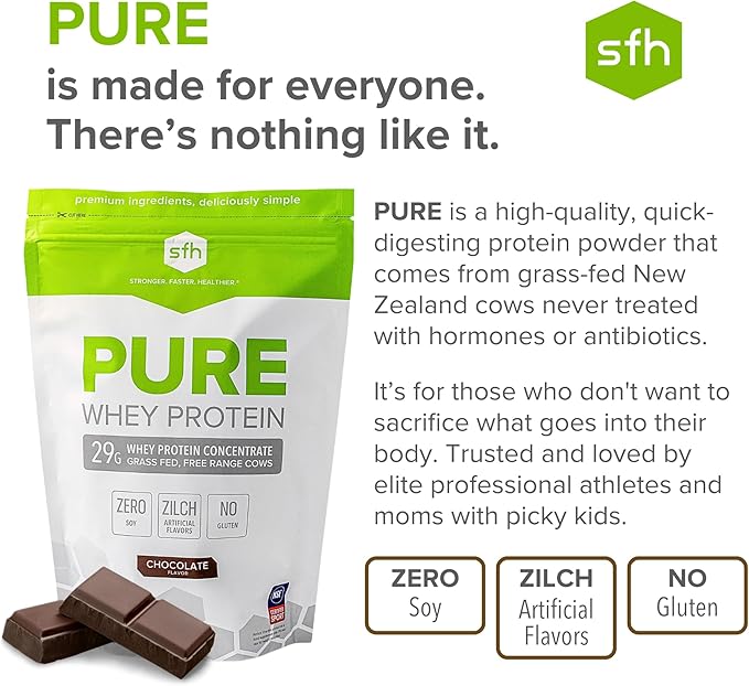 SFH Pure Whey Protein Powder (Chocolate) Best Tasting Grass Fed Whey | All Natural | Non-GMO No Artificials Soy Free Gluten Free | (Chocolate 31.6 Ounce (Pack of 1)