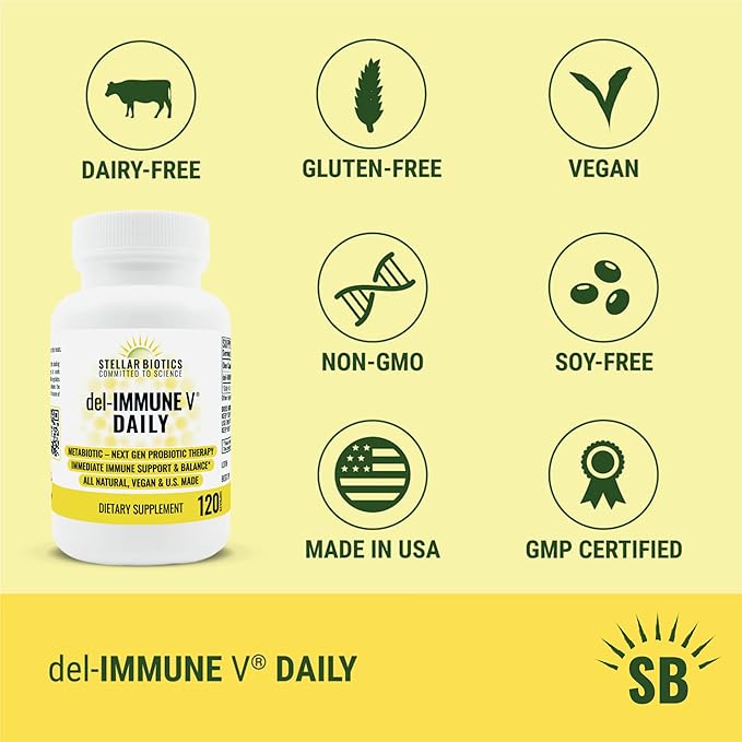 Del-Immune V® Daily by Stellar Biotics All-Natural Immune Support &amp Gut Health Immediate Care Metabiotic: NextGen Probiotic Therapy (120 Caps)