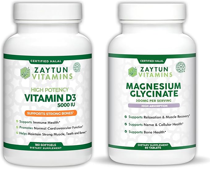Zaytun Halal Vitamin D3 + Magnesium Glycinate 300mg Bundle Supports Muscle Function Energy Balance Bone Strength Non-GMO Gluten Free Made in USA