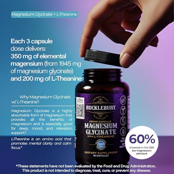 Bucklebury Magnesium Glycinate Capsules with L-Theanine 350mg - Advanced Formula for Stress Relief Muscle &amp Bone Health Support - Magnesium Glycinate Supplements for Women &amp Men - Vegan 90 Co