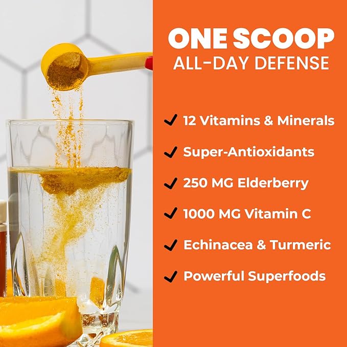GOBIOTIX Vitamin C - Immune Defense Support Supplement - Immunity Powder Wellness Booster - Vegan Superfood - Elderberry Turmeric B12 Vitamin Supplement Non-GMO and Sugar Free (Orange)