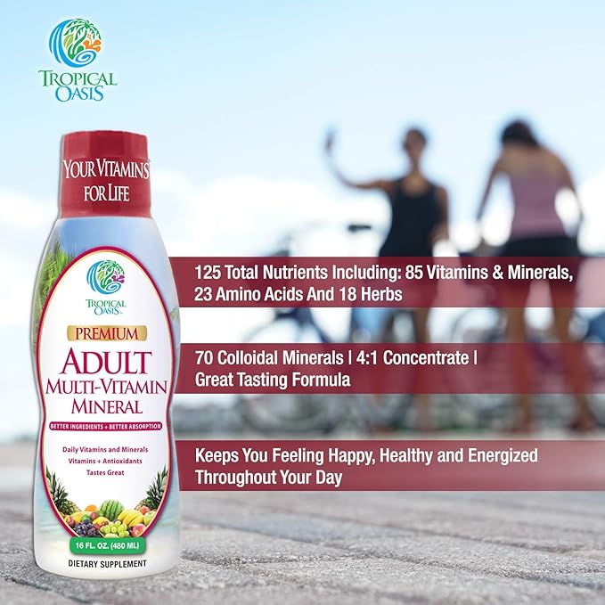 Tropical Oasis Adult Liquid Multivitamin -Liquid Multi-Vitamin and Mineral Supplement with 125 Total Nutrients Including 85 Vitamins &amp Minerals 23 Amino Acids and 18 Herbs - 16 fl oz 32 serv