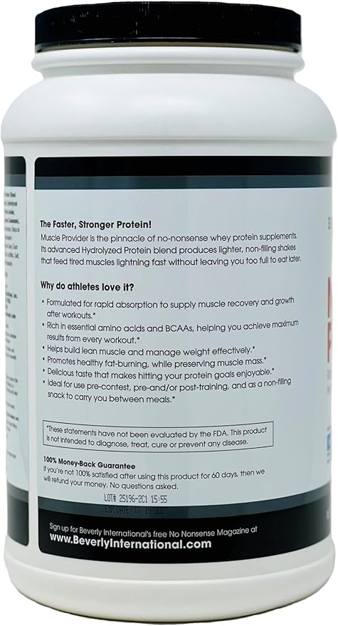 Beverly International Muscle Provider 28 Servings Vanilla. Super-Fast-Absorbing Whey Protein Powder for Recovery Lean Muscle. Fills Your Muscles not Your Stomach. Tastes Like Ice Cream
