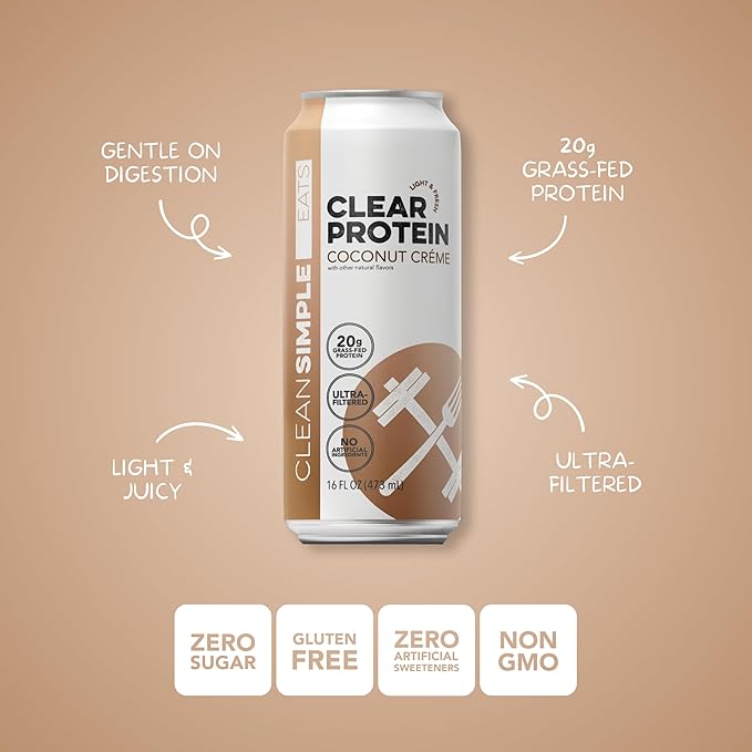 Clean Simple Eats Clear Protein Water 20G Grass Fed Whey Protein Ultra Filtered Light &amp Refreshing Beverage Low Lactose No Artificial Ingredients Coconut Créme Flavor 16 Oz Cans 12 Pack