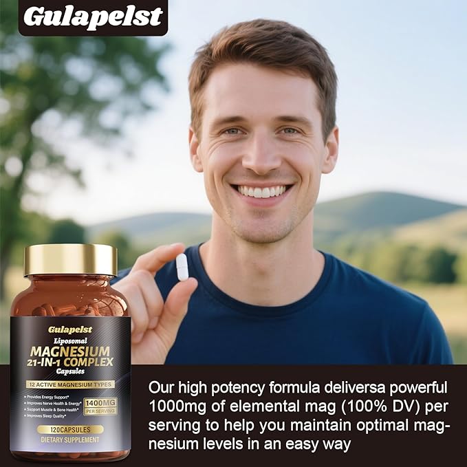 21 in 1 Liposomal 1400mg Magnesium Complex (Citrate Glycinate Malate etc) Capsule - 12 Active Types Magnesium with Vitamin D3 B6 B12 C Ashwagandha &amp CoQ10 for Women &amp Men - Support Bone