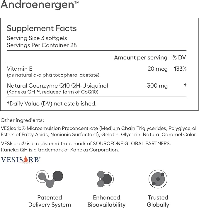 AndroEnergen CoQ10 Supplement for Men to Support Men’s Reproductive &amp Sperm Health with Kaneka QH &amp VESIsorb® Absorption Technology 84-100mg Softgel Capsules - 28 Day Supply