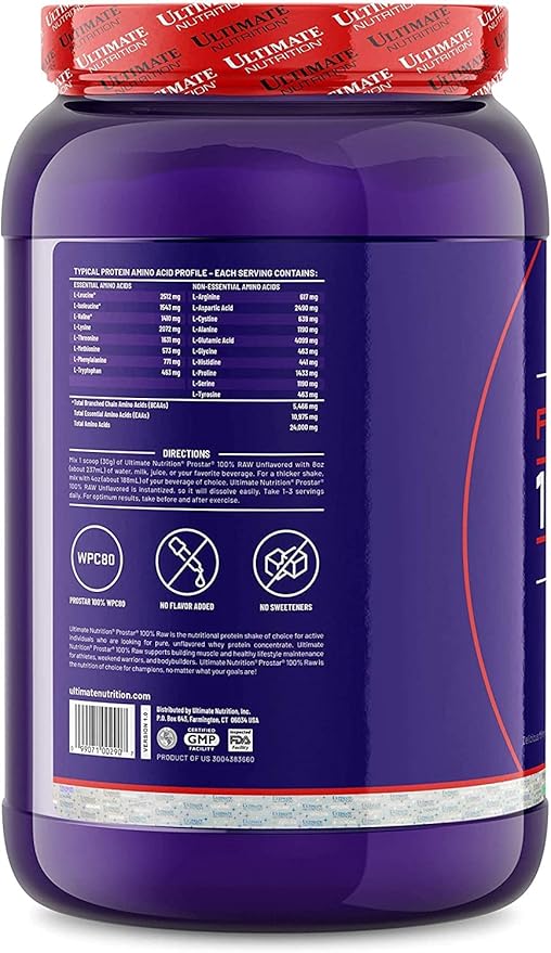 Ultimate Nutrition RAW Whey Protein Concentrate Powder with No Added Ingredients or Flavors – 24 Grams of Protein Per Serving with 5.5 Grams of BCAAs 2.2 Pounds Unflavored
