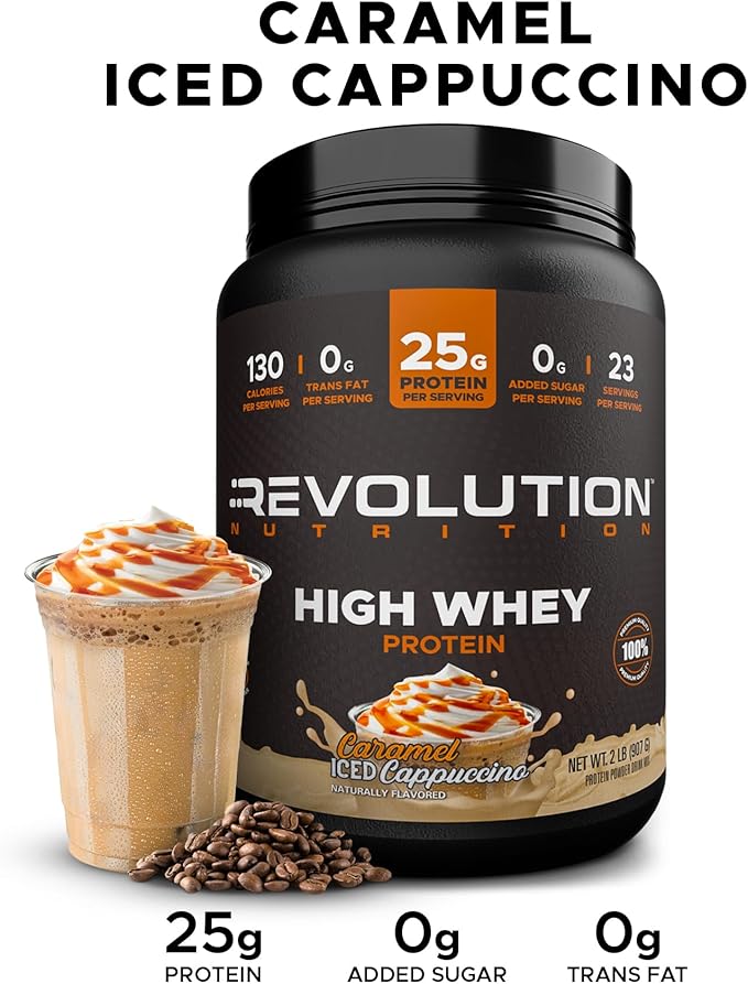 Revolution Nutrition High Whey Protein Powder 2LB Whey Isolate Gluten Free Lean Muscle Mass for Men &amp Women 25g of Protein Per Scoop 908 g 24 Servings (Caramel Iced Cappuccino 2 Pound)