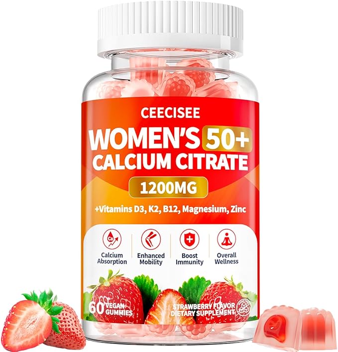 50+ Women's Calcium Citrate Gummies: Sugar Free 1200 mg Calcium Supplements for Women Plus Vitamin D3 K2 B12 B6 Magnesium Zinc - Vegan Calcium Gummy Support Immune Energy Health (60Count)