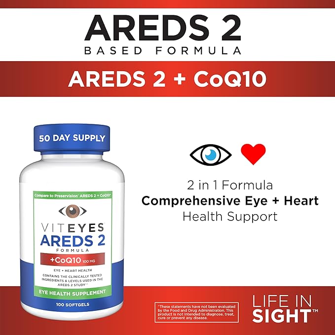 Viteyes AREDS 2 + CoQ10 Macular Support CoQ10 Vitamin E Vitamin C Lutein Zeaxanthin Zinc Copper Heart Health Eye Doctor Trusted Manufactured in The USA 100 Ct