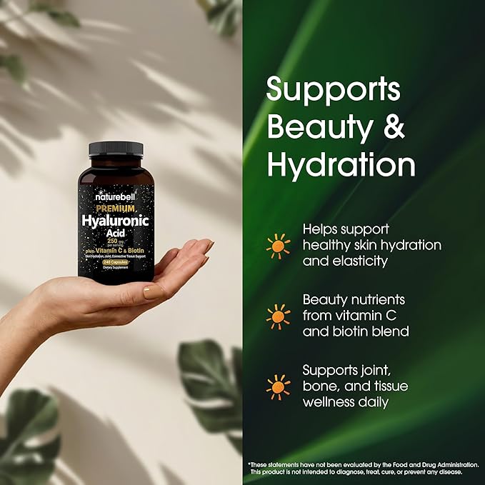 NatureBell Hyaluronic Acid 250mg - 240 Capsules - 250mg Hyaluronic Acid 5000mcg Biotin &amp 25 mg Vitamin C - Supports Skin Hair Bone Eye &amp Joint Health*