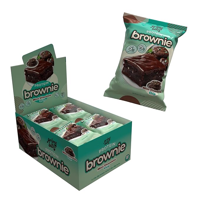 Prime Bites Protein Brownie from Alpha Prime Supplements | High Protein Collagen Fortified Low Sugar Treat | Delicious Snack | 12 Bars per Box (Mint Chocolate Chip)