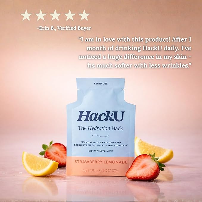 HackU Sugar-Free Electrolyte Packets for Body and Skin Hydration Support | Strawberry Lemonade | 25ct | Drink Mix