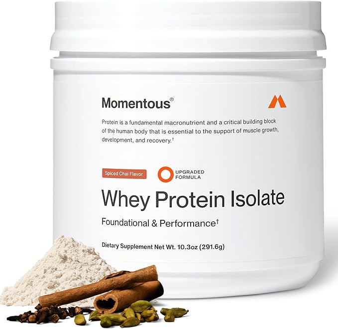 Momentous Essential Grass-Fed Whey Protein Powder - 20 g Whey Isolate Protein - NSF Certified for Sport - Gluten-Free - 12 Servings for Essential Everyday Use - Spiced Chai - Package May Vary